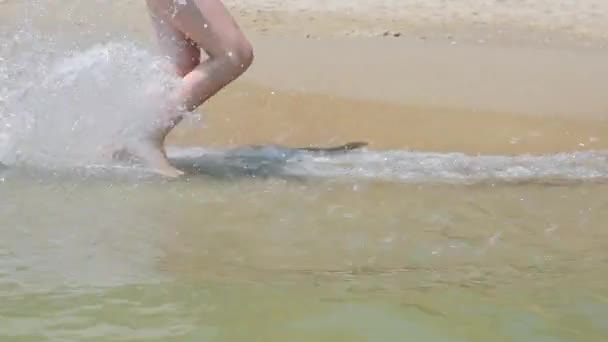 As meninas pernas que correm ao longo da costa e formam salpicos e gotas de água. Correndo na praia arenosa. — Vídeo de Stock
