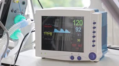 Yoğun bakım ünitesinde hayati belirtileri gösteren modern hasta monitörü. Hastanedeki kalp atış hızını ve oksijen seviyesini gösteren gelişmiş tıbbi ekipmanlar..