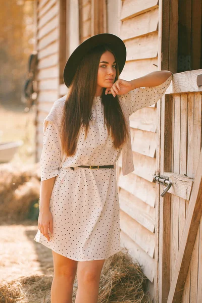 Güneşli Bir Günde Çiftlikte Poz Veren Şapkalı Elbiseli Genç Bir — Stok fotoğraf