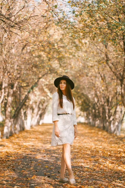 Mädchen Spaziert Kleid Und Hut Durch Den Park — Stockfoto