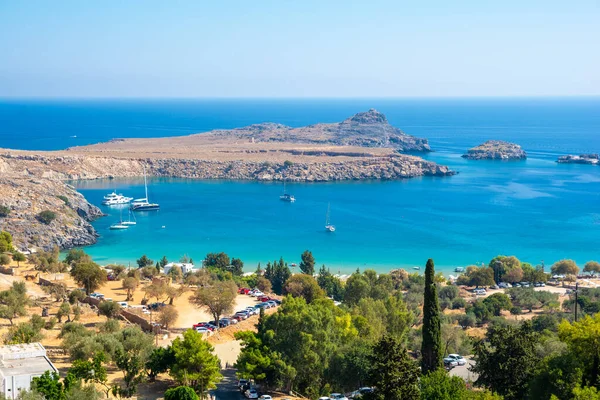 Pohled Modrý Záliv Lindos Ostrově Rhodos Řecku — Stock fotografie