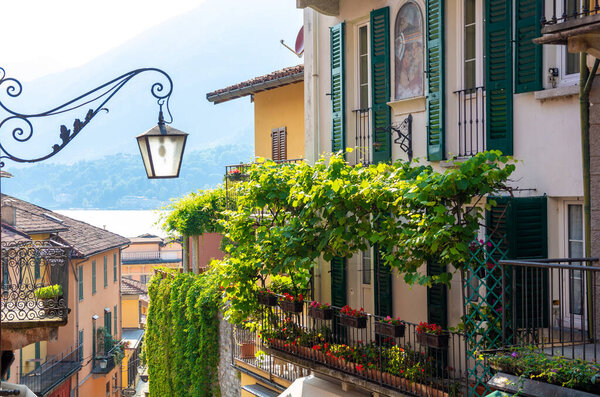 Charming narrow street in Bellagio on Lake Como in Italy