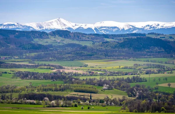 View Sudety Snowy Karkonosze Mountains Green Meadows Spring Poland — Stock Photo, Image