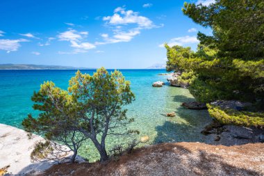 Hırvatistan 'ın Makarska Riviera, Dalmaçya bölgesindeki Baska Voda' daki inanılmaz gök mavisi kıyı şeridi