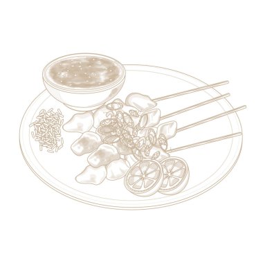 Vector Illustration Logo Line Sanat Sate Taichan veya Taichan Satay Bir Tabakta