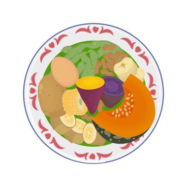 Vector Illustration Logo Clip Art Top View Sağlıklı Buharlı Endonezya Yemeği veya Bir Tabakta Polo Pendem