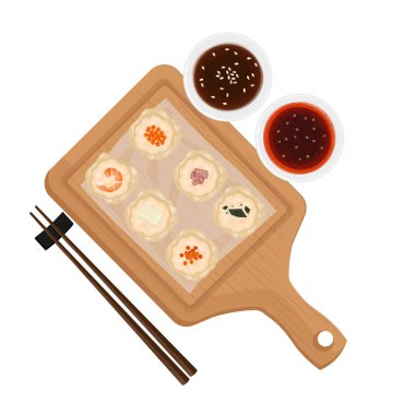 Vector Illustration Logo Clip Art Top View Mangalları Dimsum Siu mai Shumai Chili yağı ve Soya Sosu