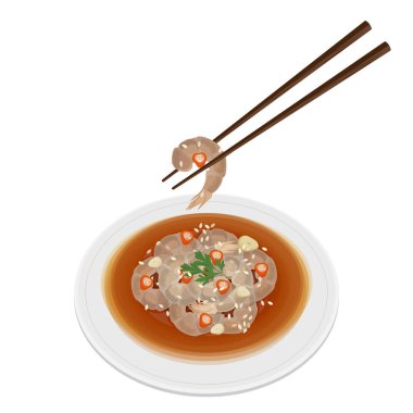 Vektör İllüstrasyon Logosu Sanatı Saewoo Jang Kore Çiğ Marinalı Karides Yemeye Hazır