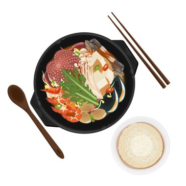 Vector Illustration logosu Clip Art Top View Haemultang Kore Deniz Ürünleri Çorbası ile Rice