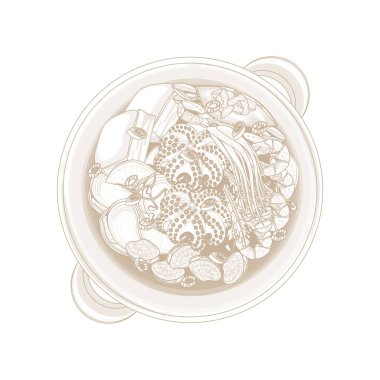 Vektör İllüstrasyon Logosu Sanat Üst Görünüm Haemultang Baharatlı Ahtapot veya Kore Deniz Ürünleri Çorbası