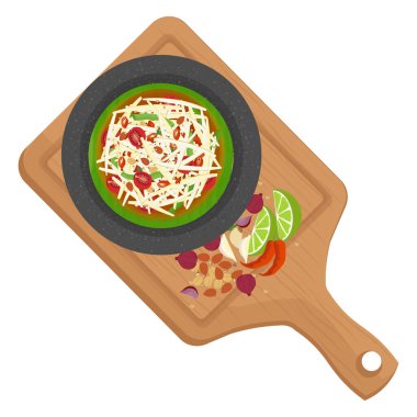 Vektör İllüstrasyon Logosu Üst Görünüm Vegan Tam Thai Yeşil Papaya Salatası 