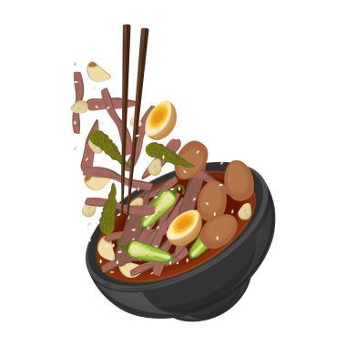 Vector Illustration Logo Clipart Levitation Kore Biftek Kenarı Tabağı Jang Jorim veya Kore Soya haşlanmış Bifteği