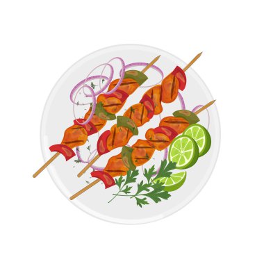 Vector Illustration logosu Clipart Top View Chicken Tikka veya Baharatlı Tavuk Şişleri Murg Tikka