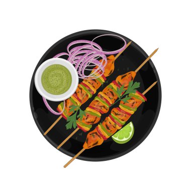 Vector Illustration logosu Clipart Top View Chicken Tikka Kebaps