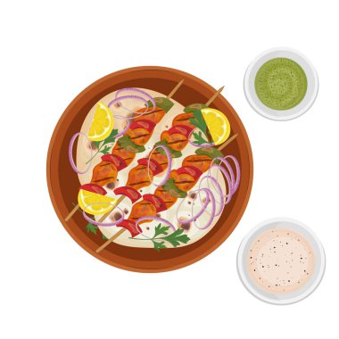 Vector Illustration logosu Clipart Top View Chicken Tikka Kebap ya da Kebap