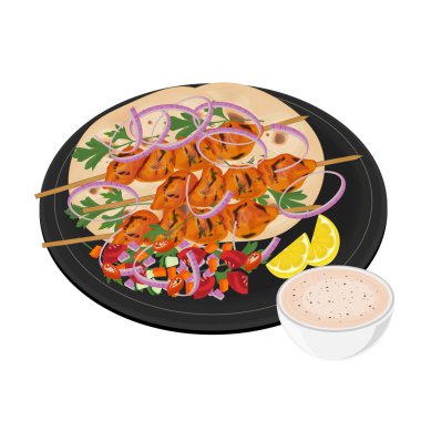 Vektör İllüstrasyon logosu Hint Yemeği Tandır Tavuğu Tikka Kebap Şişleri