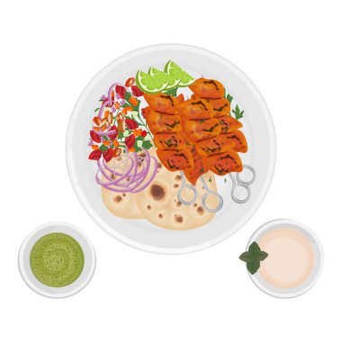 Vector Illustration logosu Clipart Top View Tavuk Tikka Kebabı Tabakta