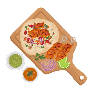 Vektör İllüstrasyon logosu Üst Görünüm Hint Yemekleri Tandır Tavuklu Tikka Kebap Şişleri