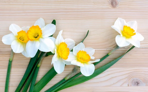 Färska påskliljor och narcisser blommor på trä bakgrund. — Stockfoto