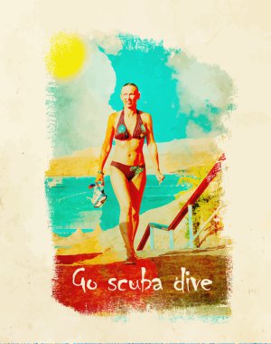 Holding bir maske ve şnorkel dalış sonra genç kadın. Metin gitmek Scuba dalış. Retro tarzı Poster arka plan.