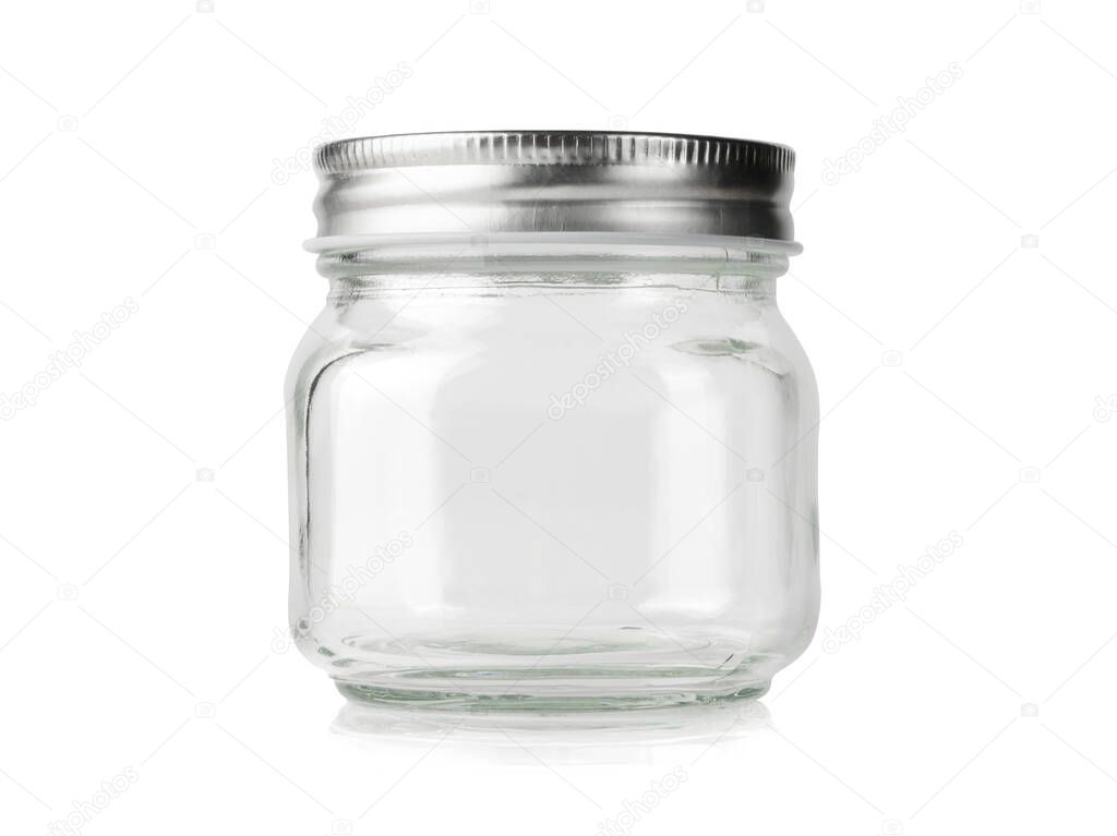 Empty mason jar with silver lid isolated on white.