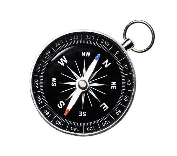 Kovový navigační kompas izolovaný na bílém. Přímo nad — Stock fotografie