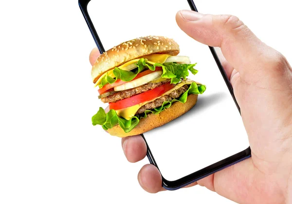 Hand Holding Phone Hamburger Screen Isolated White Background Online Ordering — Stock Photo, Image