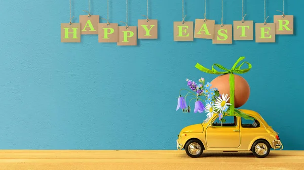 Happy Easter concept. Retro toy car carrying an easter egg and wild flowers on the roof.