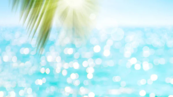 Groen wazig palmblad op oceaan met bokeh zon licht achtergrond. — Stockfoto