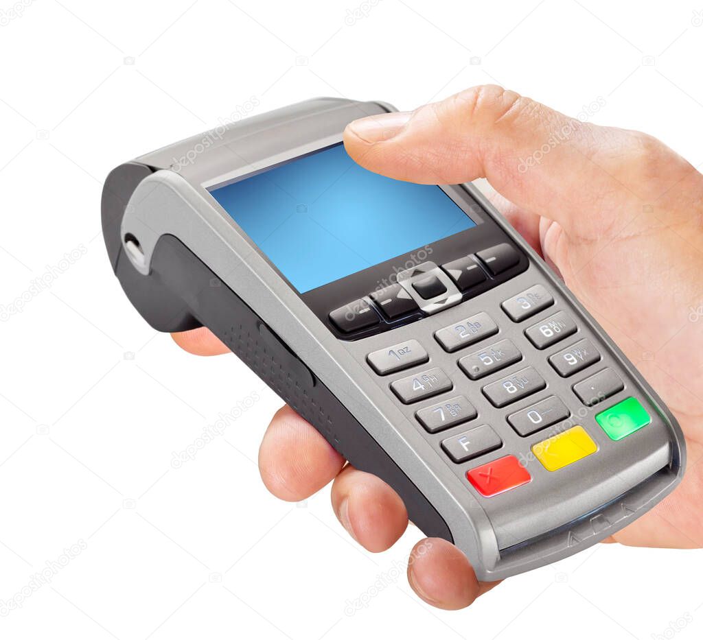 Hand holding POS pay terminal isolated on white background