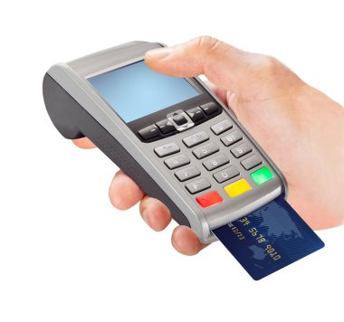 El ele tutuşan POS terminali beyaz arkaplanda izole edildi