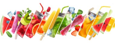 Meyve ve çubuklu soğuk içeceklerin yaz kolajı.