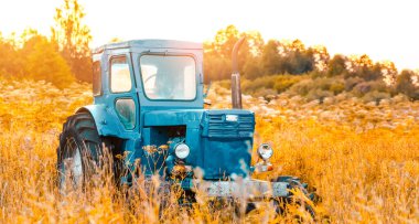 Uzun çim tarlasında eski mavi traktör