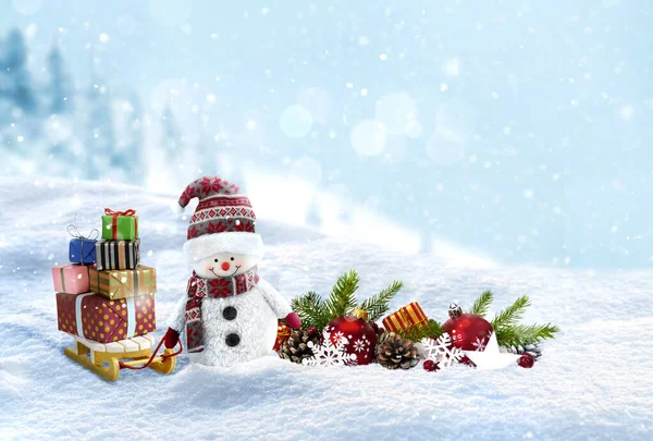 Karlı arka planda Noel hediyeli kardan adam — Stok fotoğraf