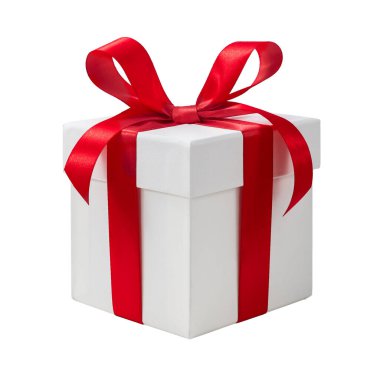 Kırmızı kurdele yaylı beyaz şimdiki kutu beyaz arkaplanda izole.