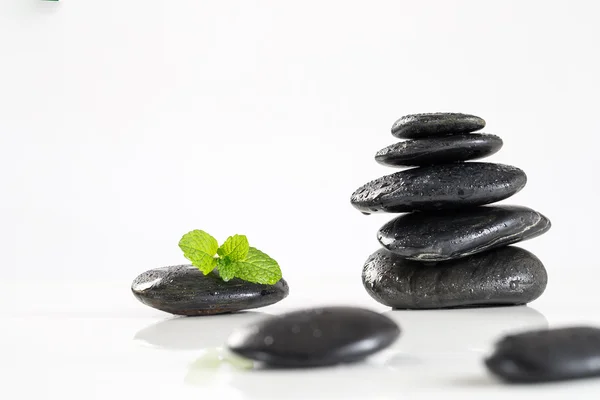 Hojas de menta en piedras de spa — Foto de Stock