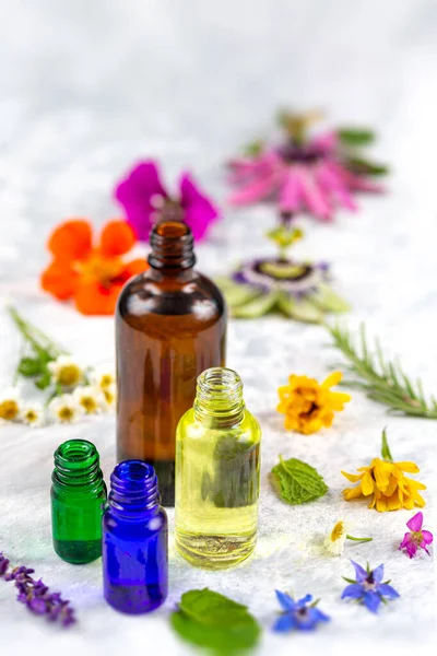 천연 약초가 들어 있는 필수적 인 기름과 신선 한 꽃들, 대체 의학 — 스톡 사진