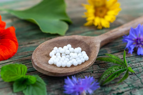 Holistic medicine approach. Healthy food eating, dietary supplements, healing herbs and flowers. wooden background, c. — Stock Photo, Image