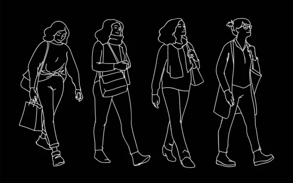 Conjunto de mujeres dando un paseo. Concepto. Ilustración vectorial monocromática de mujeres de diferentes edades caminando en estilo de arte de línea simple. Líneas blancas aisladas sobre fondo negro. Bosquejo dibujado a mano. — Vector de stock