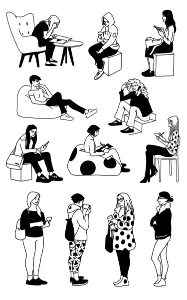 Ayakta duran ve oturan kadınlar. Kavram. Farklı pozlardaki kadınların tek renkli vektör illüstrasyonları basit çizgi sanatı tarzında. Beyaz arkaplanda el çizimi çizimi.