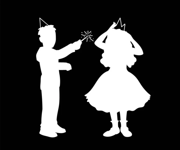 お祝いの帽子の男の子は彼の手に魔法の杖を持ち、ドレスの女の子は彼女の頭の上に冠を修正します。男の子と女の子が一緒に遊ぶシルエットのモノクロームベクトルイラスト。黒の白いシルエット. — ストックベクタ