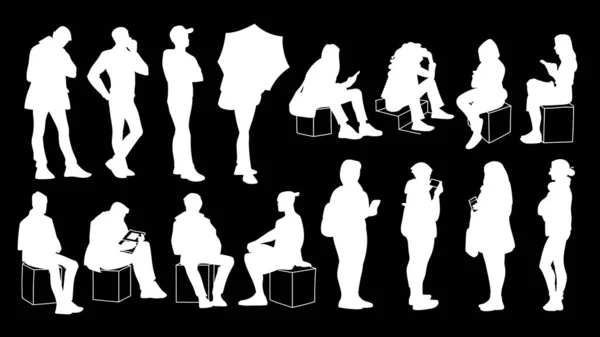 Sada mladých a dospělých mužů a žen stojí a sedí. Monochromatické vektorové znázornění siluet lidí v různých pózách. Vzorník. Bílé siluety izolované na černém pozadí. — Stockový vektor