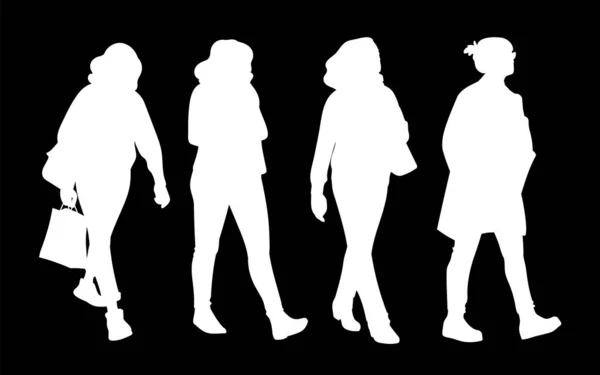 Conjunto de mujeres dando un paseo. Concepto. Ilustración vectorial monocromática de siluetas de mujeres caminando en diferentes poses. Sillhouettes blancos aislados sobre fondo negro. Plantilla. — Vector de stock