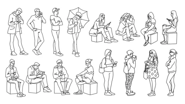 Conjunto de hombres y mujeres jóvenes y adultos de pie, sentados. Ilustración vectorial monocromática de personas en diferentes posturas en estilo de arte de línea simple. Dibujo dibujado a mano. Líneas negras sobre fondo blanco. Vectores De Stock Sin Royalties Gratis