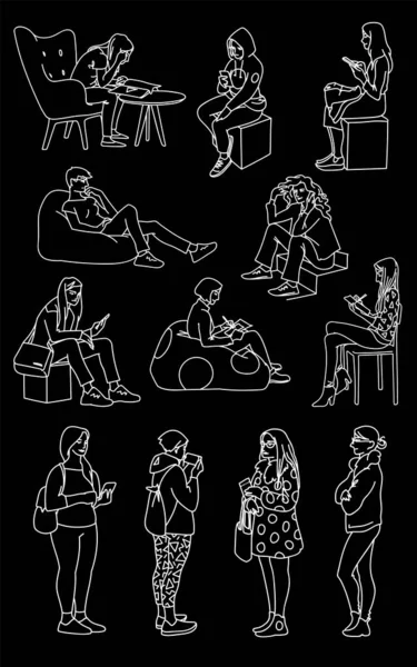 Conjunto de mujeres en diferentes poses. Ilustración vectorial monocromática de mujeres de pie y sentadas en estilo de arte de línea simple. Líneas blancas aisladas sobre fondo negro. Bosquejo dibujado a mano. Ilustraciones De Stock Sin Royalties Gratis
