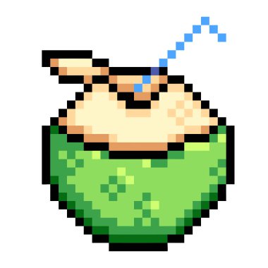 Mavi saman pikselli yeşil hindistan cevizi içeceği. Beyaz kare arkaplanda izole edilmiş renkli çizimler..