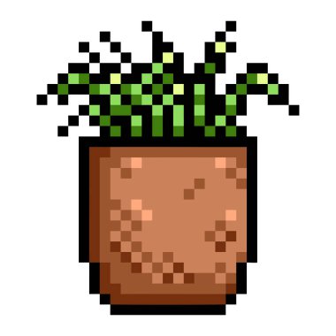 Kahverengi tencere pikselli masa bitkisi beyaz kare arkaplanda izole edilmiş renkli resimleme.