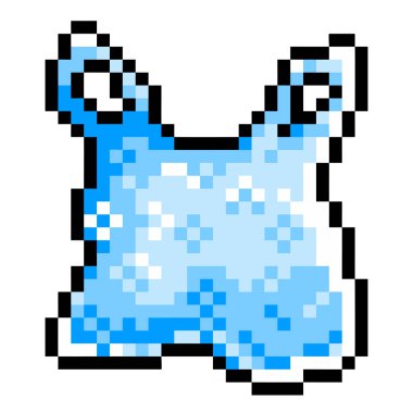 Plastik torba pikseli beyaz arkaplanda izole edilmiş renkli resim.