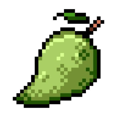 Kare beyaz arkaplanda izole edilmiş yeşil mango meyve pikseli renkli resimleme.