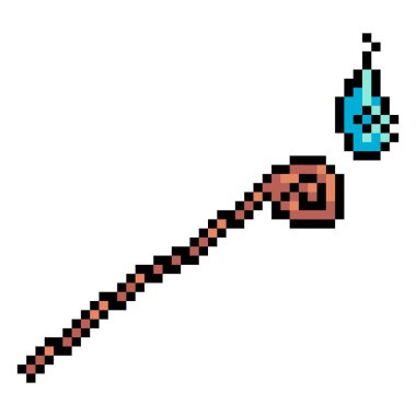 Su büyüsü piksel resimli tahta büyücü kadrosu kare beyaz arkaplanda izole edilmiş..